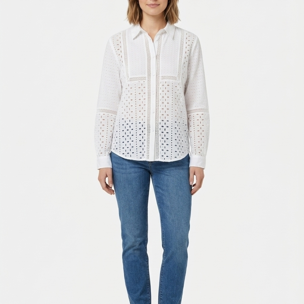 ADIVA White Eyelet Lace Button Down Long Sleeve Blouse Top Size L